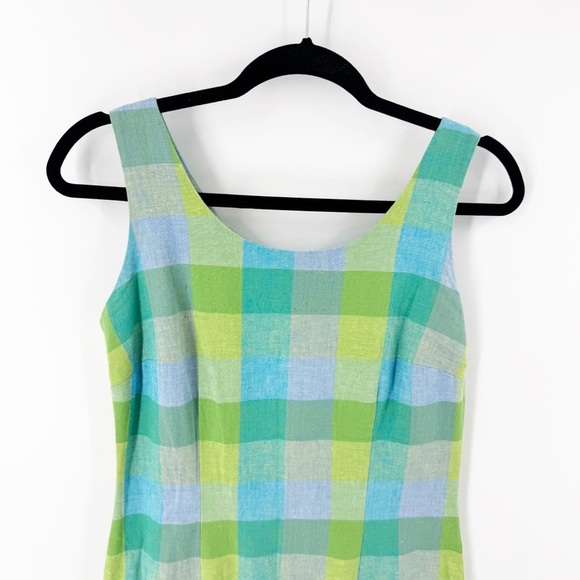 ✅ VINTAGE LAURA ASLEY GREEN/BLUE Plaid LINEN Sleeveless DRESS SIZE 4 - Picture 5 of 7